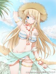 Rule 34 | 1girl, arm behind head, beach, bikini, blonde hair, blue eyes, bracelet, breasts, cleavage, day, groin, hair ornament, hat, hiro (hirohiro31), horizon, jewelry, light particles, long hair, looking at viewer, lots of jewelry, medium breasts, navel, necklace, ocean, official art, one eye closed, original, outdoors, sky, smile, solo, sparkle, straw hat, striped bikini, striped clothes, swimsuit