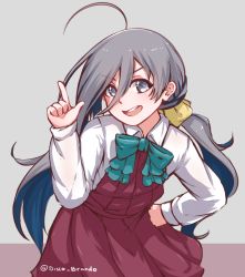 Rule 34 | 1girl, :d, bow, bowtie, commentary, cowboy shot, disco brando, dress, green bow, green bowtie, grey background, grey eyes, grey hair, hair between eyes, highres, kantai collection, kiyoshimo (kancolle), long hair, long sleeves, looking at viewer, open mouth, red dress, scrunchie, smile, solo, standing, twitter username, v-shaped eyebrows