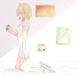 Rule 34 | 1girl, bare shoulders, blonde hair, blue eyes, breasts, closed mouth, crayon, dress, fukube uni, heart, highres, kingdom hearts, kingdom hearts ii, long hair, namine, painting (object), paper, sandals, solo, white dress