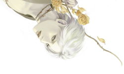 Rule 34 | 1boy, as (ashes), blonde hair, blood, blue eyes, collarbone, flower, johan liebert, looking at viewer, male focus, monster (manga), open mouth, rose, simple background, solo, thorns, white background, yellow rose