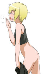 Rule 34 | 1girl, blonde hair, blood, bottomless, erica hartmann, closed eyes, menstruation, no panties, open mouth, short hair, solo, strike witches, wavy mouth, world witches series, yawning, youkan