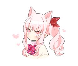 Rule 34 | 1other, akiyama mizuki, animal ears, bow, bowtie, cat ears, closed mouth, collared shirt, commentary request, hair ribbon, heart, kamiyama high school uniform (project sekai), long hair, mizuta (go-han), pink eyes, pink hair, portrait, project sekai, ribbon, school uniform, shirt, side ponytail, sidelocks, simple background, solo, striped bow, striped bowtie, striped clothes, white background