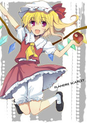 Rule 34 | 1girl, :d, apple, bad id, bad pixiv id, blonde hair, bloomers, fang, female focus, flandre scarlet, food, fruit, hat, highres, holding, holding food, holding fruit, jumping, nakayama miyuki, open mouth, outstretched arm, ponytail, red eyes, short hair, side ponytail, smile, solo, tareme, embodiment of scarlet devil, touhou, underwear, wings