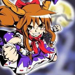 Rule 34 | 1girl, bow, clenched hand, clenched hands, female focus, gourd, grin, hair bow, horns, ibuki suika, irie (masaki), irie keisuke (handn), jpeg artifacts, long hair, looking up, red hair, smile, solo, touhou, yellow eyes