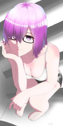 Rule 34 | 1girl, absurdres, aoma kadoyaa, bad feet, barefoot, fate/grand order, fate (series), glasses, highres, lips, looking at viewer, mash kyrielight, one eye covered, pink hair, purple eyes, short hair, shorts, sitting, stairs, tank top