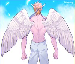 Rule 34 | 1boy, angel wings, blonde hair, caesar anthonio zeppeli, feather hair ornament, feathers, from behind, gunbam, feather hair ornament, headband, jojo no kimyou na bouken, male focus, topless male, solo, wings