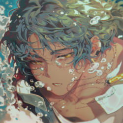 Rule 34 | 1boy, arknights, black hair, bubble, commentary, dark-skinned male, dark skin, ear piercing, earclip, english commentary, hair between eyes, half-closed eyes, highres, jewelry, male focus, manjyufroth, necklace, parted lips, piercing, portrait, solo, thorns (arknights), underwater, water, yellow eyes