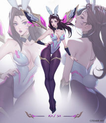 Rule 34 | 1girl, animal ears, artist name, bare shoulders, black pantyhose, blue eyes, breasts, brown hair, character name, choker, citemer, commentary, detached collar, detached sleeves, english commentary, facial mark, fake animal ears, fake tail, hairband, hand on own hip, highres, kai&#039;sa, league of legends, leotard, multicolored choker, nail polish, pantyhose, playboy bunny, purple lips, purple nails, rabbit ears, rabbit tail, skin tight, solo, tail, taut clothes, thigh gap, thighlet, whisker markings, white leotard