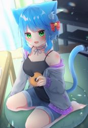 Rule 34 | 1girl, :d, animal ear fluff, animal ears, barefoot, black shirt, blue hair, blush, bow, breasts, cat ears, cat tail, cleavage, cushion, day, denim, denim shorts, doughnut, food, green eyes, grey jacket, hair bow, highres, holding, holding food, indoors, jacket, looking at viewer, mia (michiru donut), michiru donut, open mouth, original, red bow, shirt, shorts, sitting, small breasts, smile, solo, table, tail, television, wariza