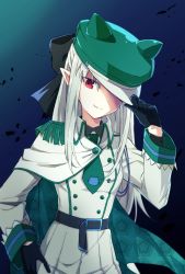 Rule 34 | 1girl, alternate costume, animal print, azami masurao, belt, black belt, black gloves, cat print, closed mouth, cowboy shot, gloves, gradient background, green headwear, green necktie, hand on headwear, hand on own hip, highres, long sleeves, looking at viewer, military, military uniform, necktie, pointy ears, red eyes, smile, solo, standing, tsukihime, uniform, white len (tsukihime)