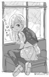 Rule 34 | 1girl, ;d, backpack, bag, blush, braid, chinese text, commentary request, crime prevention buzzer, desk, glint, greyscale, hand up, hatsunatsu, heart, indoors, loafers, long hair, looking at viewer, looking back, monochrome, on desk, one eye closed, open mouth, original, pleated skirt, randoseru, school desk, school uniform, shirt, shoe soles, shoes, sketch, skirt, sleeveless, sleeveless shirt, smile, solo, thighhighs, traditional chinese text, translation request, twitter username, window