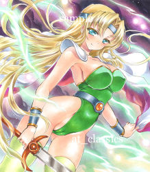 Rule 34 | 1girl, aqua eyes, artist name, at classics, blonde hair, blush, breasts, cameltoe, cape, celes chere, cleft of venus, closed mouth, covered erect nipples, cowboy shot, final fantasy, final fantasy vi, gluteal fold, green leotard, green thighhighs, groin, hair between eyes, hair intakes, headband, holding, holding sword, holding weapon, large breasts, leotard, long hair, looking at viewer, sample watermark, smile, solo, sword, thighhighs, traditional media, very long hair, watermark, weapon