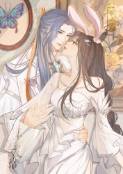 Rule 34 | 1boy, 1girl, animal ears, blue eyes, blue hair, brown eyes, brown hair, closed mouth, couple, douluo dalu, dress, formal, hand on another&#039;s waist, highres, jewelry, lan yin cao bianzhi de jiezhi, long braid, long hair, long sleeves, looking up, necklace, painting (object), rabbit ears, smile, suit, tang san, upper body, white dress, white suit, xiao wu (douluo dalu)