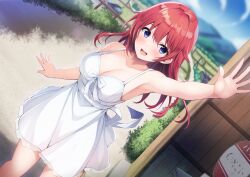 Rule 34 | 1girl, absurdres, bare arms, blue eyes, blue sky, blush, breasts, bus stop, cleavage, cloud, collarbone, day, dress, fence, hair between eyes, highres, large breasts, long hair, looking at viewer, mountain, non-web source, open mouth, original, outdoors, red hair, rural, sky, smile, solo, standing, sundress, utsurogi akira, waving, white dress