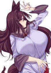 Rule 34 | 1girl, animal ear fluff, animal ears, breasts, brown hair, dress, highres, imaizumi kagerou, large breasts, long hair, long sleeves, mirufui, puffy long sleeves, puffy sleeves, red brooch, red eyes, red nails, solo, tail, touhou, upper body, white background, white dress, wolf ears, wolf girl, wolf tail