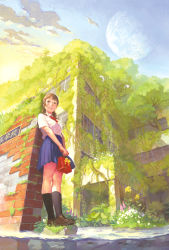Rule 34 | 1girl, bird, bow, bowtie, brown eyes, brown hair, building, cloud, collared shirt, crossed legs, flower, from below, gift bag, hair ornament, hairclip, highres, holding, kneehighs, loafers, looking afar, low twintails, moon, original, outdoors, overgrown, plant, pleated skirt, scenery, school uniform, shirt, shoes, short twintails, skirt, sky, smile, socks, solo, traditional media, tree, twintails, vines, yuu (mol)