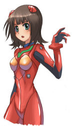 Rule 34 | 1girl, :o, amami haruka, arm at side, black hair, blunt bangs, blush, bodysuit, bracer, breasts, cosplay, cowboy shot, cropped legs, flipped hair, from side, gloves, green eyes, hand up, headgear, idolmaster, idolmaster (classic), idolmaster 1, looking at viewer, neon genesis evangelion, open mouth, parody, parted bangs, pilot suit, plugsuit, plugsuit (cosplay), rison, shiny clothes, short hair, simple background, skinny, small breasts, solo, souryuu asuka langley, souryuu asuka langley (cosplay), turtleneck, white background