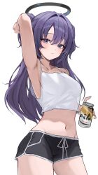 Rule 34 | 1girl, arm up, armpits, beer can, blue archive, blush, breasts, camisole, can, crop top, dolphin shorts, drink can, gusim, halo, highres, holding, holding can, long hair, looking at viewer, mechanical halo, medium breasts, midriff, navel, purple eyes, purple hair, short shorts, shorts, simple background, solo, two side up, white background, white camisole, yuuka (blue archive)