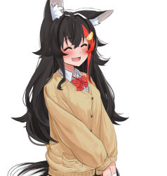 Rule 34 | 1girl, :d, ^ ^, animal ear fluff, animal ears, black hair, blush, bow, bowtie, brown cardigan, cardigan, closed eyes, collared shirt, commentary request, crossed bangs, daichi (daichi catcat), hair intakes, hair ornament, hairclip, highres, hololive, long hair, long sleeves, multicolored hair, ookami mio, open mouth, red bow, red bowtie, red hair, school uniform, shirt, simple background, smile, solo, streaked hair, striped bow, striped bowtie, striped clothes, tail, v arms, virtual youtuber, white background, wolf ears, wolf girl, wolf tail