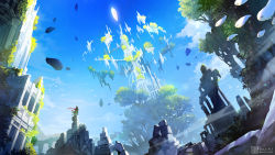 Rule 34 | animal, artist name, cloud, day, floating island, highres, outdoors, pixiv fantasia, pixiv fantasia age of starlight, red scarf, ruins, sachi (yumemayoi), scarf, scenery, solo, standing, wind