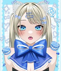 Rule 34 | 1girl, animal ears, blonde hair, blue eyes, blush, bow, breasts, candy, cat ears, cleavage, fake animal ears, fangs, fish hair ornament, food, hair bow, hair ornament, hairclip, heart, highres, jelly bean, lollipop, long hair, looking at viewer, macaron, medium breasts, open mouth, original, piercing, solo, straight-on, strapless, swirl lollipop, tongue piercing, twintails, upper body, wanko (yurika0320), x hair ornament