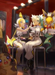 Rule 34 | 2girls, ;o, absurdres, black gloves, boots, buttons, commentary, creatures (company), dressing room, electric miku (project voltage), eyelashes, game freak, gen 1 pokemon, gen 4 pokemon, gen 8 pokemon, gloves, glowing, green eyes, green hair, halloween morpeko kagamine rin (project voltage), hands up, hatsune miku, highres, holding, holding paper, indoors, jolteon, jumpsuit, kagamine rin, light bulb, long hair, long sleeves, mirror, morpeko, morpeko (full), multiple girls, necktie, nintendo, one eye closed, paper, pokemon, pokemon (creature), project voltage, rotom, rotom (normal), salmontea, sitting, stool, thigh boots, twintails, vocaloid