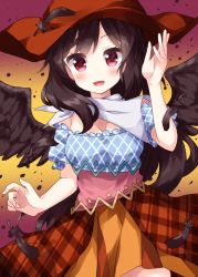 Rule 34 | 1girl, bandana, black feathers, black hair, black wings, blurry, blurry background, blush, breasts, cleavage, clothing cutout, cowboy hat, cowboy shot, feathered wings, feathers, hand up, hat, image sample, kurokoma saki, leg cutout, long hair, looking at viewer, multicolored background, multicolored clothes, multicolored skirt, open mouth, pegasus wings, pink hat, pink skirt, plaid, plaid skirt, plaid vest, puffy short sleeves, puffy sleeves, red background, red eyes, ruu (tksymkw), shirt, short sleeves, skirt, solo, tail, touhou, twitter sample, two-tone, upper body, vest, white bandana, wings