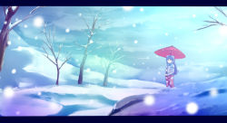 Rule 34 | 1girl, bare tree, bow, ema20, female focus, fujiwara no mokou, hair bow, landscape, letterboxed, long hair, oil-paper umbrella, scarf, silver hair, snow, snowing, solo, suspenders, touhou, tree, umbrella