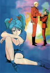 Rule 34 | 80s, absurdres, age difference, blonde hair, blue hair, braid, char&#039;s counterattack, char aznable, couple, eye contact, gundam, hand on shoulder, highres, lipstick, looking at another, makeup, official art, oldschool, pink lips, quess paraya, retro artstyle, strap shoes, twin braids, twintails