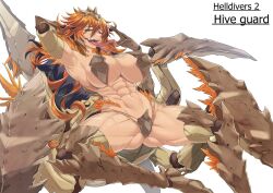 Rule 34 | 1girl, abs, armpits, arthropod girl, blue eyes, breasts, bug, commentary, english commentary, english text, helldivers (series), heterochromia, highres, hive guard (helldivers), large breasts, long hair, long tongue, multiple legs, multiple tongues, muscular, muscular female, open mouth, orange hair, red eyes, revealing clothes, sharp teeth, simple background, solo, squinting, sweat, teeth, terminid (helldivers), thick thighs, thighs, tongue, tongue out, torahime (roland00), upper teeth only, white background
