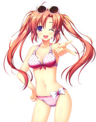 Rule 34 | 1girl, ;d, absurdres, alpha (yukai na nakamatachi), bare arms, bikini, blush, breasts, cleavage, collarbone, cowboy shot, eyewear on head, hand on own hip, highres, long hair, looking at viewer, medium breasts, navel, one eye closed, open mouth, orange hair, outstretched arm, print bikini, purple eyes, scan, simple background, smile, solo, star (symbol), star print, striped bikini, striped clothes, sunglasses, swimsuit, twintails, white background, wink