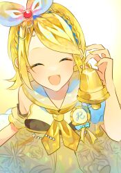 Rule 34 | 1girl, bell, blonde hair, blush, bow, braid, closed eyes, commentary request, eyelashes, from above, gem, hair bow, hair ornament, hand up, happy, highres, holding, kagamine rin, more more jump! (project sekai), nail polish, narumi kanata, open mouth, project sekai, red gemstone, short hair, smile, solo, sparkle, upper body, vocaloid, white background, yellow nails