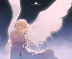 Rule 34 | angel wings, artist name, bare shoulders, blonde hair, blush, bracer, closed mouth, collarbone, copyright name, cowboy shot, crying, crying with eyes open, dress, feathered wings, glowing, glowing wings, gradient background, green eyes, highres, holding, holding sword, holding weapon, jewelry, long hair, looking away, looking down, master sword, necklace, nintendo, pointy ears, princess zelda, rutiwa, strapless, strapless dress, sword, tears, the legend of zelda, the legend of zelda: breath of the wild, thick eyebrows, triforce, very long hair, weapon, white dress, white wings, wings