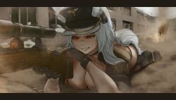 Rule 34 | 1girl, animal ears, black choker, black gloves, black hat, black jacket, black panties, black pants, breasts, building, choker, cleavage, collarbone, dgkamikaze, discordia (vtuber), epaulettes, explosion, eyelashes, fox ears, fox girl, fox tail, gloves, gun, hat, highres, holding, holding gun, holding weapon, indie virtual youtuber, jacket, large breasts, lying, on stomach, panties, pants, peaked cap, red eyes, rifle, second-party source, sniper rifle, solo, tail, underwear, virtual youtuber, weapon, white hair