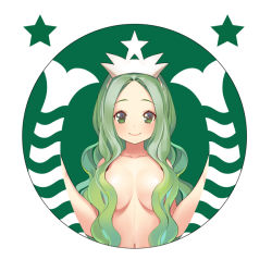 Rule 34 | 1girl, animification, breasts, circle, convenient censoring, fins, fish girl, fish tail, green eyes, green hair, green theme, hair censor, hair over breasts, hair over shoulder, large breasts, logo, long hair, matching hair/eyes, monster girl, navel, parody, popqn, round image, simple background, smile, solo, star (symbol), starbucks, starbucks siren, tail, topless, wavy hair, white background