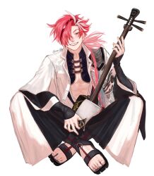 Rule 34 | 1boy, black hair, dragon print, eyebrow cut, fate/grand order, fate (series), full body, hair over one eye, highres, holding, holding instrument, indian style, instrument, jacket, long hair, looking at viewer, male focus, multicolored hair, nagatekkou, pectoral cleavage, pectorals, red eyes, red hair, shamisen, simple background, sitting, smile, solo, streaked hair, takasugi shinsaku (fate), une 1111, white background, white hair, white jacket