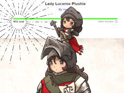 Rule 34 | armor, balance scale print, bassinet, brown hair, character doll, gambeson, helmet, ironlily, lady lucerne (ironlily), long hair, medieval, ordo mediare sisters (ironlily), saddle, surcoat, weapon