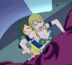 Rule 34 | 2girls, animated, animated gif, armlet, bikini, bikini top only, blonde hair, bracelet, breasts, brown hair, cleavage, coco (fairy tail), fairy tail, jewelry, large breasts, lingerie, long hair, lowres, lucy heartfilia, multiple girls, sexually suggestive, swimsuit, tattoo, underwear