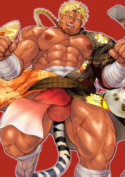 Rule 34 | 1boy, :d, abs, absurdres, bara, bare pectorals, bead necklace, beads, blonde hair, brown kimono, bulge, chinese zodiac, clothes lift, covered navel, dark-skinned male, dark skin, facial hair, foot out of frame, goatee, highres, japanese clothes, jewelry, jumping, kimono, large bulge, large pectorals, long sideburns, looking at viewer, male focus, male underwear, mature male, midriff sarashi, muscular, muscular male, necklace, nengajou, new year, nipples, open clothes, open kimono, open mouth, original, pectorals, pelvic curtain, pelvic curtain lift, print kimono, red background, red male underwear, sandals, sarashi, scar, scar on chest, scar on leg, short hair, sideburns, smile, solo, stomach, tail, terujirou (masateruteru), textless version, thick eyebrows, thick thighs, thighs, tiger boy, tiger tail, underwear, veins, year of the tiger