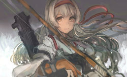 Rule 34 | 1girl, absurdres, bow (weapon), brown eyes, brown gloves, closed mouth, flight deck, gloves, headband, highres, holding, holding bow (weapon), holding weapon, kantai collection, long hair, moor, muneate, partially fingerless gloves, partly fingerless gloves, rigging, shoukaku (kancolle), single glove, solo, tasuki, upper body, weapon, white hair, wide sleeves, yugake