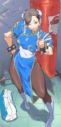 Rule 34 | 1girl, absurdres, bag, blue dress, boots, bracelet, breasts, brown eyes, brown hair, brown pantyhose, bun cover, capcom, china dress, chinese clothes, chun-li, cross-laced footwear, double bun, dress, earrings, gym, hair bun, hair pulled back, highres, jewelry, looking at viewer, m. bison, medium breasts, one eye closed, pantyhose, pelvic curtain, poster (object), pretty-purin720, puffy short sleeves, puffy sleeves, punching bag, sash, short sleeves, shoulder bag, solo, spiked bracelet, spikes, street fighter, street fighter ii (series), v, weights, white footwear