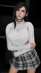 Rule 34 | 1girl, 3d, artist request, black background, black hair, breasts, brown eyes, crossed arms, final fantasy, final fantasy vii, final fantasy vii remake, highres, large breasts, long sleeves, looking to the side, plaid, plaid skirt, shirt, skirt, solo, square enix, tifa lockhart, upper body, wenizy, white shirt