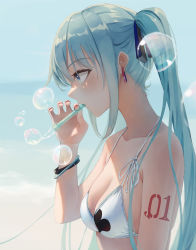Rule 34 | 1girl, 200f (nifu), absurdres, aqua eyes, aqua hair, arm tattoo, bikini, black ribbon, blue background, bracelet, breasts, bubble, blowing bubbles, bubble pipe, cleavage, commentary, earrings, from side, hair over shoulder, halterneck, hatsune miku, highres, holding, jewelry, long hair, mouth hold, nail polish, number tattoo, print bikini, profile, red nails, ribbon, shade, sidelocks, skindentation, solo, string bikini, swimsuit, tattoo, twintails, upper body, vocaloid