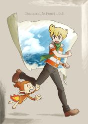 Rule 34 | 1boy, :d, barry (pokemon), blonde hair, brown footwear, chimchar, clenched hands, commentary request, copyright name, creatures (company), game freak, gen 4 pokemon, green scarf, grey pants, highres, jacket, leg up, looking down, male focus, nintendo, open mouth, orange eyes, pants, pkpokopoko3, pokemon, pokemon (creature), pokemon dppt, poketch, running, scarf, shoes, short hair, short sleeves, smile, standing, standing on one leg, striped clothes, striped jacket, tongue, watch, wristwatch
