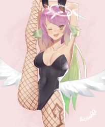 Rule 34 | 1girl, absurdres, aidenr0, angel wings, animal ears, armpits, arms behind head, artist name, black leotard, breasts, spiked halo, covered navel, cross, fake animal ears, feathered wings, fishnet pantyhose, fishnets, gradient hair, halo, highres, jibril (no game no life), large breasts, leg up, leotard, long hair, looking at viewer, low wings, magic circle, multicolored hair, no game no life, one eye closed, open mouth, pantyhose, pink background, pink hair, playboy bunny, rabbit ears, smile, solo, split, standing, standing on one leg, standing split, strapless, symbol-shaped pupils, tattoo, very long hair, white wings, wing ears, wings, yellow eyes