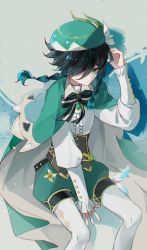 Rule 34 | 1boy, androgynous, aqua hair, beret, black hair, braid, brooch, cape, collared cape, corset, feathers, flower, frilled sleeves, frills, genshin impact, gradient hair, green cape, green hat, grey background, hat, highres, jewelry, juliet sleeves, long sleeves, male focus, multicolored hair, pantyhose, puffy sleeves, scratching head, short hair with long locks, simple background, sitting, solo, tongzhiz, twin braids, venti (genshin impact), white flower