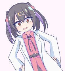 Rule 34 | 1girl, belt, black hair, bolo tie, brown eyes, coat, commentary, hair ornament, hair ribbon, hairclip, hands on own hips, highres, lab coat, long sleeves, looking at viewer, medium hair, multicolored hair, onii-chan wa oshimai!, open clothes, open coat, open mouth, oyama mihari, purple hair, red ribbon, red shirt, ribbon, shirt, simple background, smile, solo, tryna ride, two-tone hair, white background, wing collar