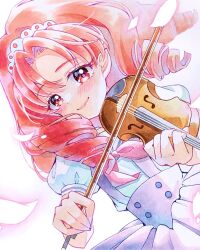 Rule 34 | 1girl, absurdres, akagi towa, blush, bow (music), buttons, dress, drill hair, dutch angle, go! princess precure, highres, holding, holding bow (music), holding instrument, holding violin, instrument, lilylily0601, long hair, looking at viewer, music, parted bangs, playing instrument, precure, puffy short sleeves, puffy sleeves, red eyes, red hair, short sleeves, smile, solo, tiara, violin, white background