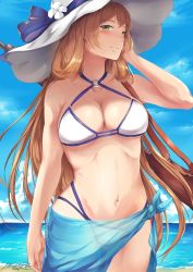 Rule 34 | 1girl, adjusting hair, alternate costume, arm at side, artist name, bare arms, bare shoulders, beach, bikini, blue sarong, blue sky, blush, bolt action, breasts, cleavage, closed mouth, cloud, collarbone, collared shirt, cowboy shot, criss-cross halter, day, female focus, girls&#039; frontline, green eyes, groin, gun, hair between eyes, hair rings, halterneck, hand up, hat, highleg, highleg bikini, highleg swimsuit, highres, hiroki ree, large breasts, legs, light brown hair, long hair, looking at viewer, m1903 springfield, navel, neck, o-ring, o-ring bikini, o-ring swimsuit, o-ring top, ocean, outdoors, rifle, sand, sarong, see-through, shirt, sidelocks, signature, sky, smile, solo, springfield (girls&#039; frontline), standing, stomach, summer, sun hat, swimsuit, thighs, water, weapon, weapon on back, white bikini, white hat