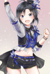 Rule 34 | 1girl, antenna hair, arm up, black eyes, black hair, bow, clenched hand, cowboy shot, gradient background, hat, highres, idolmaster, idolmaster (classic), idolmaster 2, idolmaster million live!, idolmaster million live! theater days, kikuchi makoto, mini hat, mogskg, navel, open mouth, outstretched arm, petals, short hair, short shorts, shorts, solo